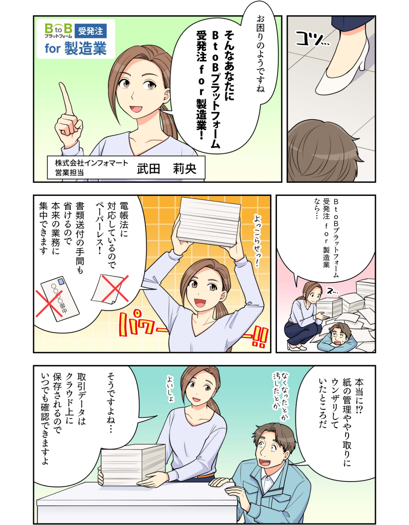 マンガでわかるBtoBプラットフォーム受発注 for 製造業２ ―株式会社インフォマート営業担当 武田莉央：お困りのようですね。そんなあなたにBtoBプラットフォーム受発注 for 製造業！ インフォマート 武田：BtoBプラットフォーム受発注 for 製造業なら、電帳法に対応しているのでペーパーレス！書類送付の手間も省けるので本来業務に集中できます。 〇〇株式会社 諏訪：本当に？紙の管理ややり取りにウンザリしていたところだ インフォマート 武田：そうですよね。取引データはクラウド上に保存されるので、いつでも確認できますよ
